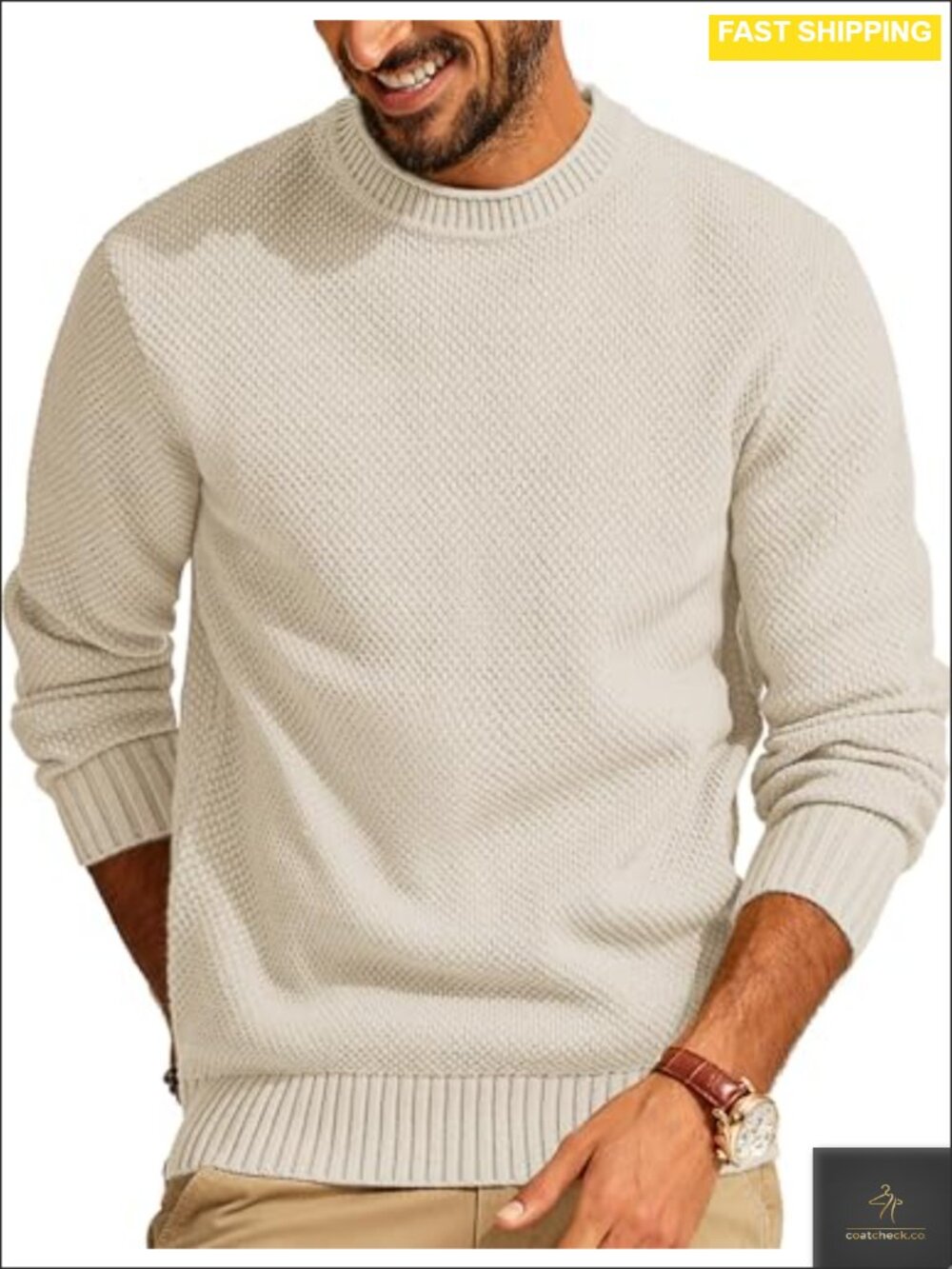 Mens Waffle Knit Crewneck Sweater Textured Pullover Business Casual